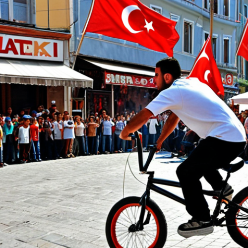 **

*   Prompt: A vibrant street sports event in Istanbul, Turkey. Focus on the energy of the crowd watching a BMX stunt competition near the Galata Tower. Include Turkish flags and vendors selling simit.

**